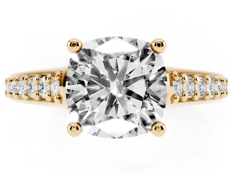 Cushion Cut Graduated Pave Cathedral Engagement Ring Setting | Scroll Cut-Outs | Yellow Gold