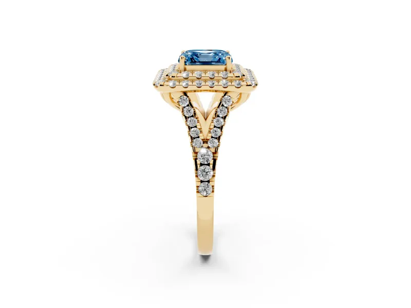 Asscher Cut Halo Split Shank Engagement Ring Setting for a Fancy Blue Lab-Grown Diamond | Pavé Strands | Yellow Gold