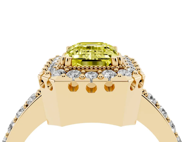 Emerald Cut Milgrain Halo Engagement Ring Setting for a Fancy Yellow Lab-Grown Diamond | Pavé Shoulders | Yellow Gold