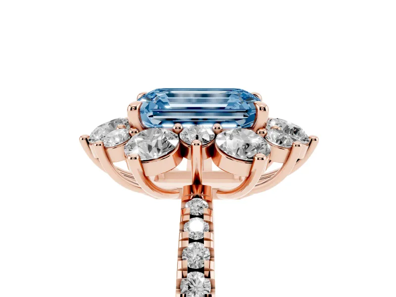 Fancy Blue Emerald Cut Diamond Floral Halo Ring Set in Rose gold with Round Pavé Band and Prong Setting