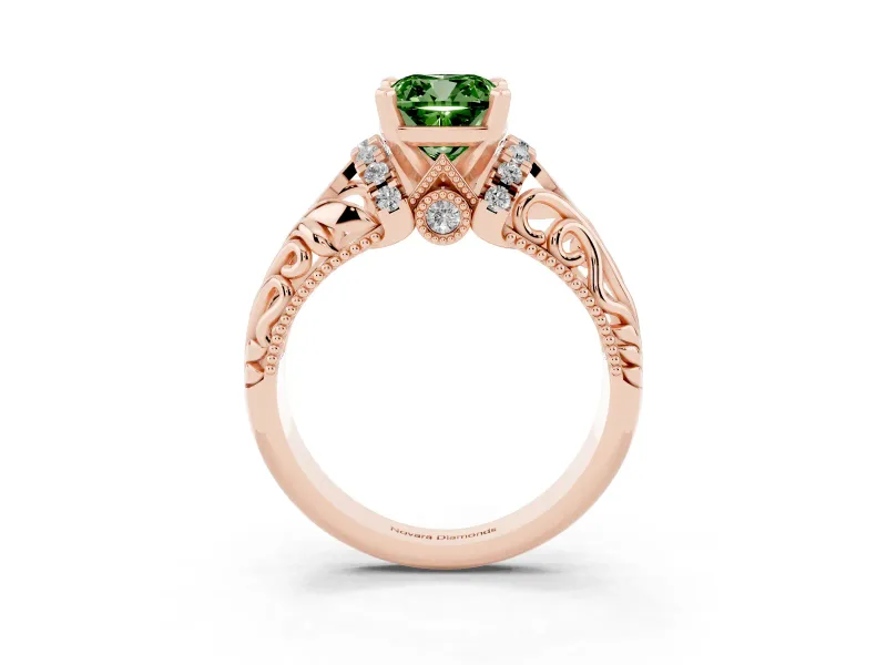 Cushion Cut Filigree Engagement Ring Setting for a Fancy Green Lab-Grown Diamond | Rose Gold