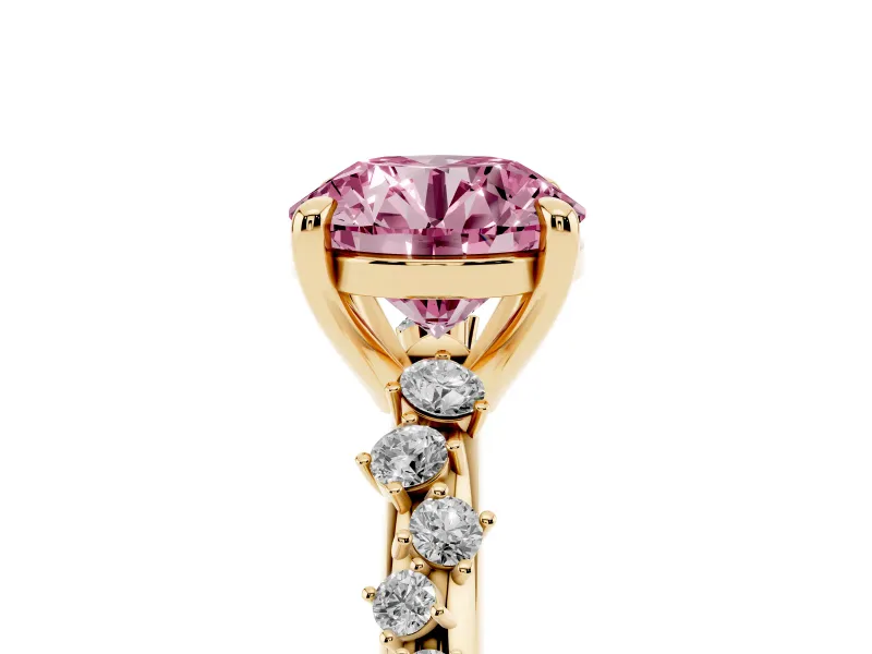 Fancy Pink Round Cut Diamond Solitaire Vine Band Ring Set in Yellow gold with Round Accents and Prong Setting