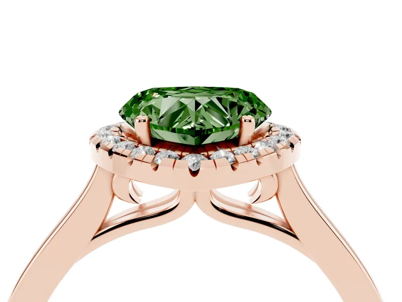 Fancy Green Heart Cut Halo Round Diamond Solitaire Ring Set in Rose gold with Pavé Band and Prong Setting