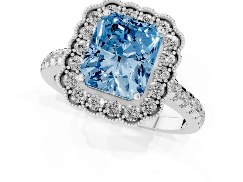 Fancy Blue Radiant Cut Diamond Milgrain Floral Halo Engagement Ring Set in Silver with Pavé Band