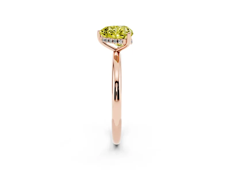 Fancy Yellow Heart Cut Diamond Solitaire Engagement Ring Set in Rose gold with Prong Setting and Polished Band