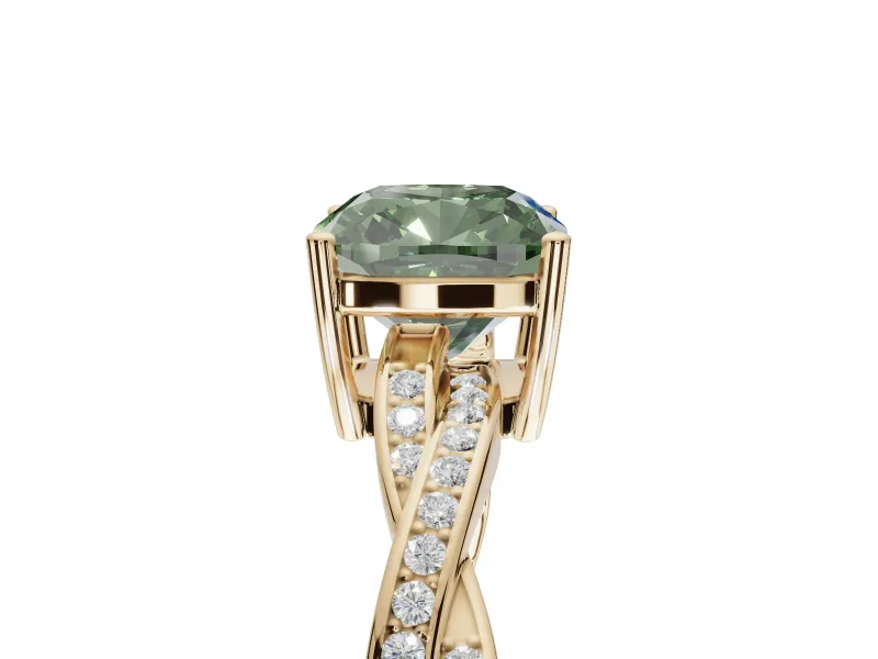 Cushion Cut Twisted Pavé Solitaire Engagement Ring Setting for a Fancy Green Lab-Grown Diamond | Yellow Gold
