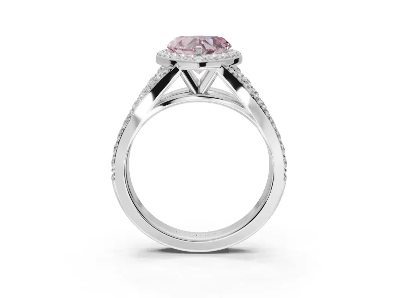 Heart-Shaped Halo Pavé Engagement Ring Setting for a Fancy Pink Lab-Grown Diamond | Narrow Split Shank | Platinum