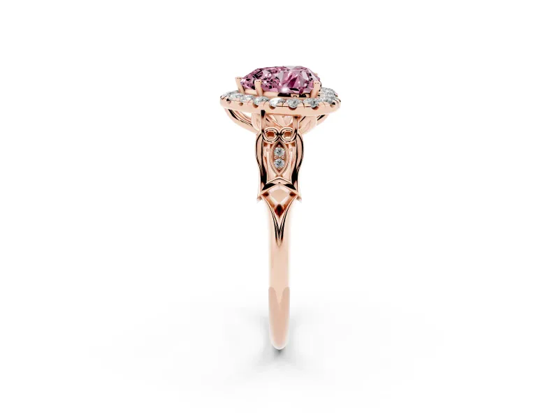 Heart-Shaped Halo Engagement Ring Setting for a Fancy Pink Lab-Grown Diamond | Filigree Shoulders | Rose Gold
