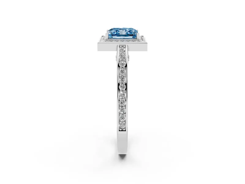 Fancy Blue Princess Cut Diamond Halo Pavé Split Shank Ring Set in Silver with Prong Setting