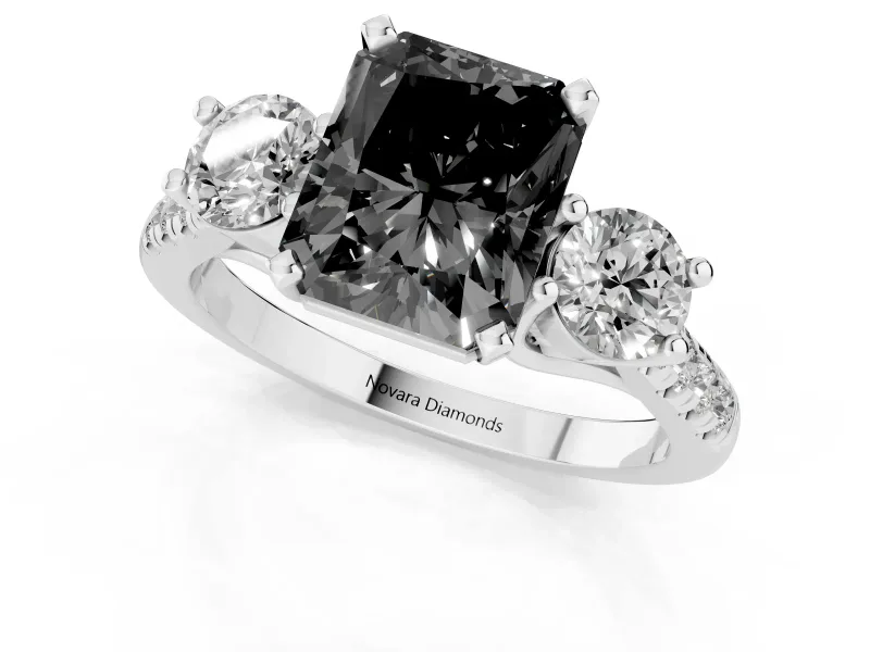Fancy Black Three-Stone Radiant Cut Diamond Pavé Band Ring Set in Platinum with Prong-Set Trio