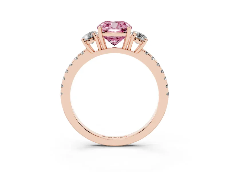Cushion Cut Three Stone Engagement Ring Setting for a Fancy Pink Lab-Grown Diamond | Pave Shoulders | Rose Gold