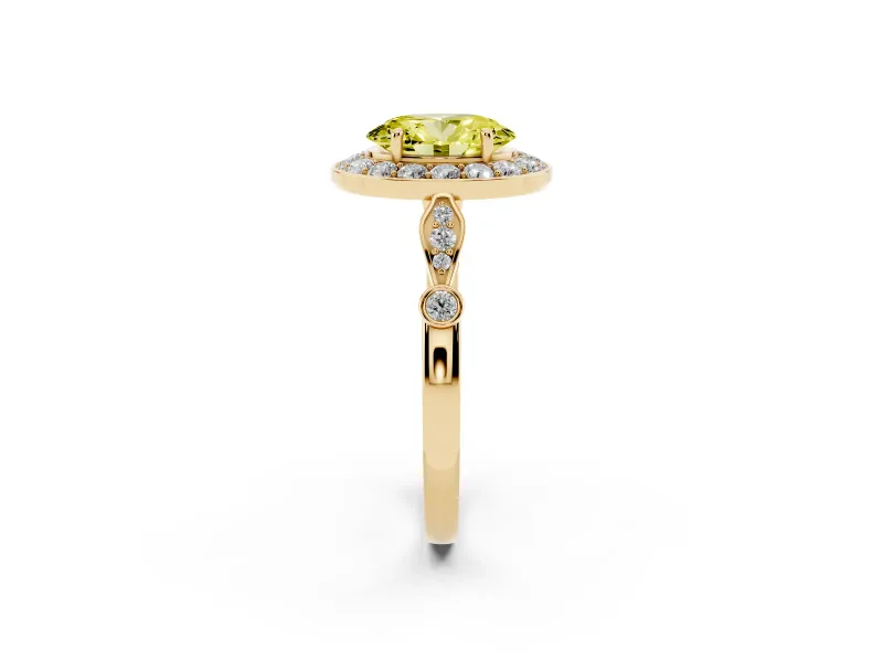 Oval Vintage Halo Engagement Ring Setting for a Fancy Yellow Lab-Grown Diamond | Bezel Station Shoulders | Yellow Gold