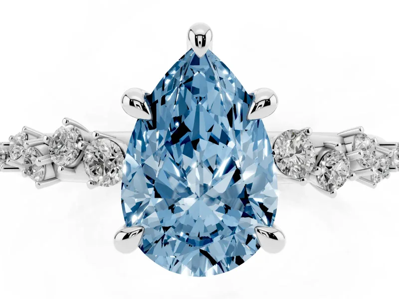 Fancy Blue Pear Cut Diamond Solitaire Vine Band Ring Set in White gold with Round Accents and Prong Setting