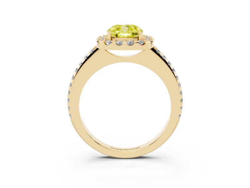 Cushion Cut Pave Halo Engagement Ring Setting for a Fancy Yellow Lab-Grown Diamond | Pave Band | Yellow Gold
