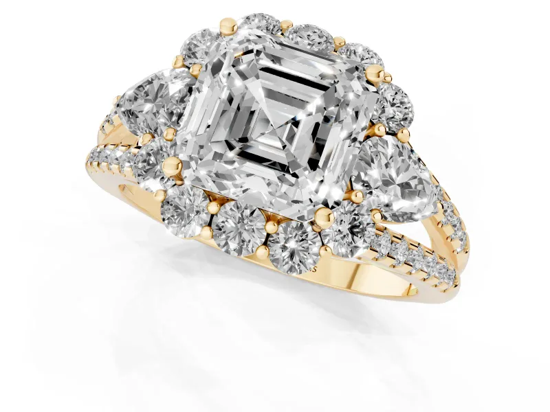 Asscher Cut Scalloped Halo Engagement Ring Setting | Pear Side Stones | Yellow Gold