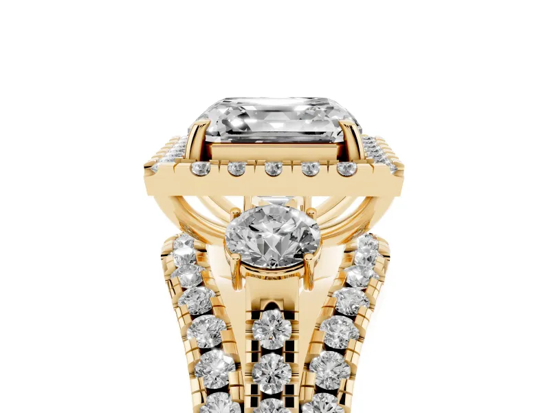 Asscher Cut Halo Split Shank Engagement Ring Setting | Round Side Stones | Yellow Gold