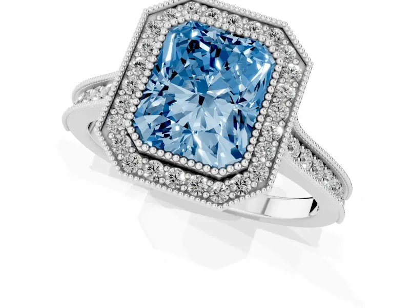 Radiant Cut Vintage Milgrain Halo Engagement Ring Setting for a Fancy Blue Lab-Grown Diamond | Bezel Head | Platinum