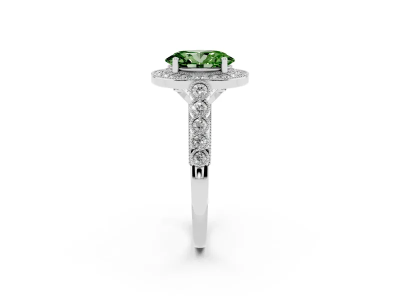 Fancy Green Oval Cut Diamond Milgrain Halo Solitaire Ring Set in Platinum with Bezel Set Side Stones and Pavé Band