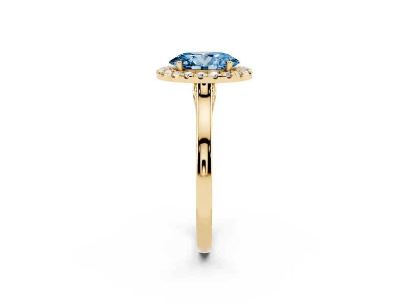 Fancy Blue Oval Cut Halo Round Diamond Solitaire Ring Set in Yellow gold with Pavé Band and Prong Setting