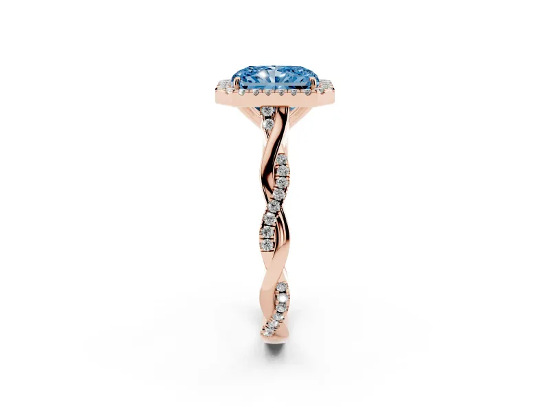 Radiant Cut Twist Halo Engagement Ring Setting for a Fancy Blue Lab-Grown Diamond | Rose Gold