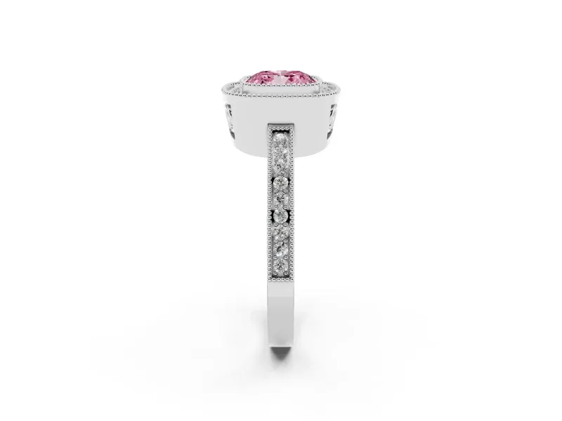 Fancy Pink Cushion Cut Diamond Halo Ring Set in White gold with Pavé Band and Milgrain-Edged Prongs