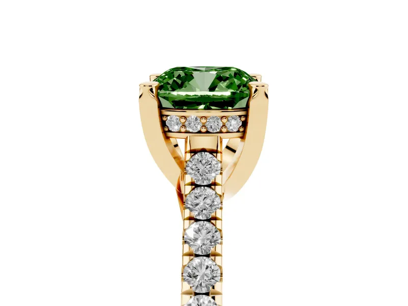 Cushion Cut Hidden Halo Pave Engagement Ring Setting for a Fancy Green Lab-Grown Diamond | Claw Prongs | Yellow Gold
