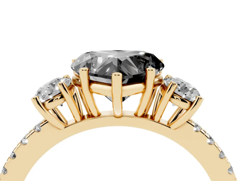 Fancy Black Heart Cut Diamond Three-Stone Ring Set in Yellow gold with Pavé Band and Graduated Sides