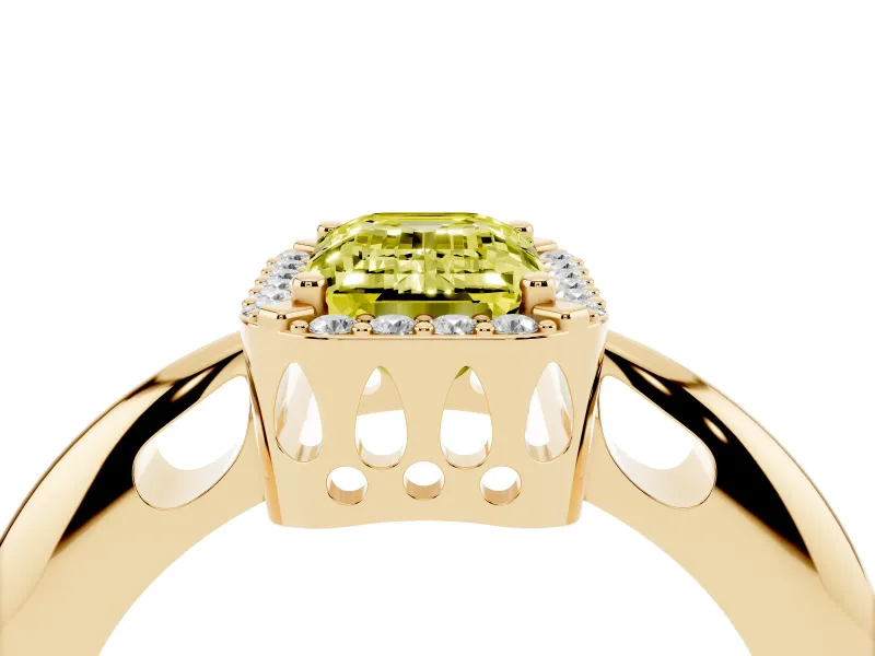 Fancy Yellow Emerald Cut Diamond Halo Engagement Ring Set in Yellow gold with Plain Split Shank and Prong Setting
