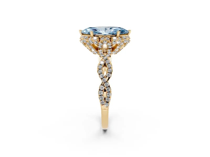 Marquise Milgrain Halo Engagement Ring Setting for a Fancy Blue Lab-Grown Diamond | Graduated Shoulders | Yellow Gold