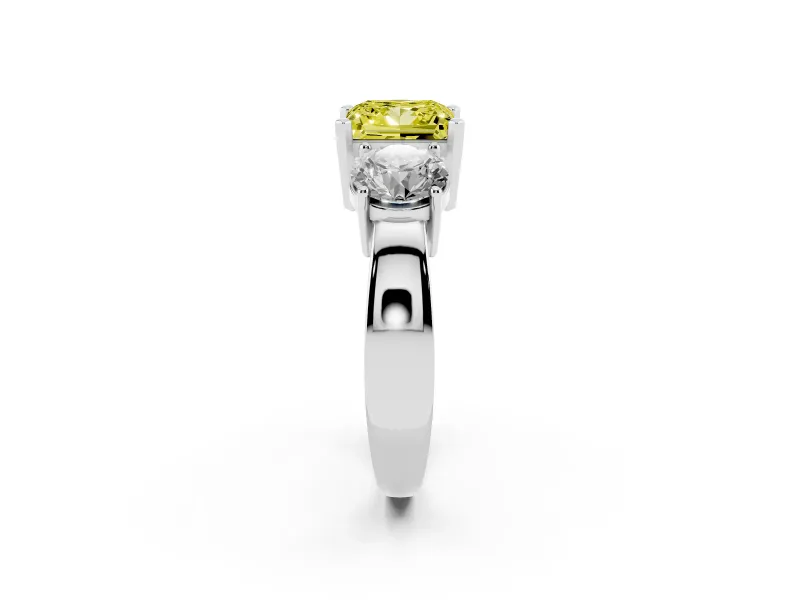 Princess Cut Three Stone Engagement Ring Setting for a Fancy Yellow Lab-Grown Diamond | Wide Plain Band | Platinum