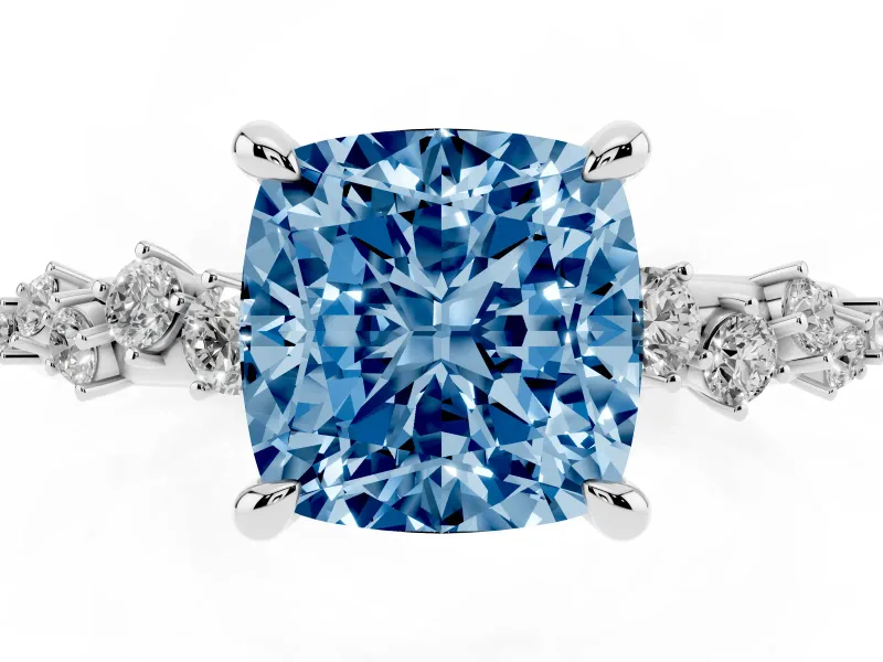 Fancy Blue Cushion Cut Diamond Solitaire Vine Band Ring Set in Silver with Round Accents and Prong Setting