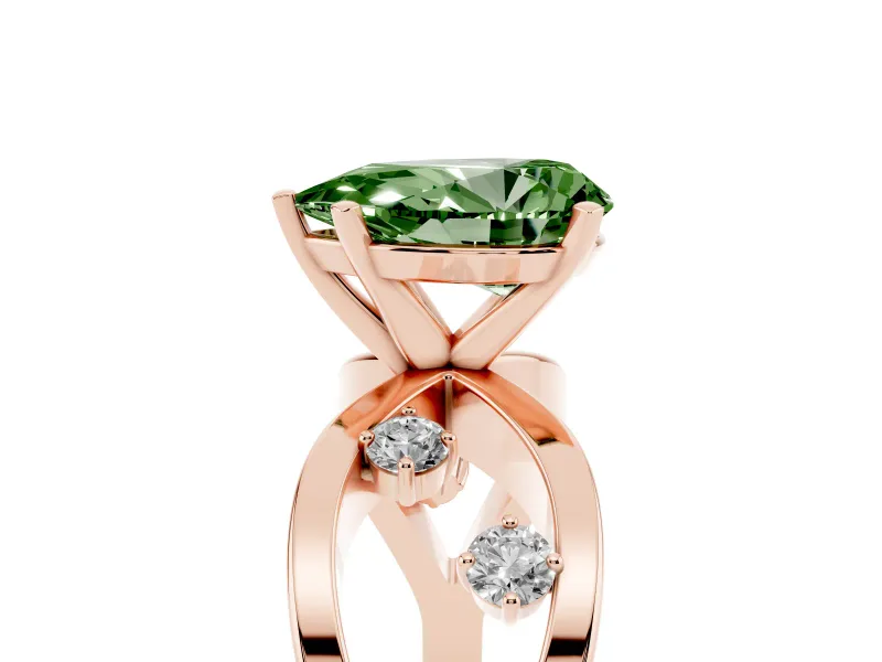 Fancy Green Pear Cut Diamond Solitaire Ring Set in Rose gold with Side Stones on Criss-Cross Band and Prong Setting