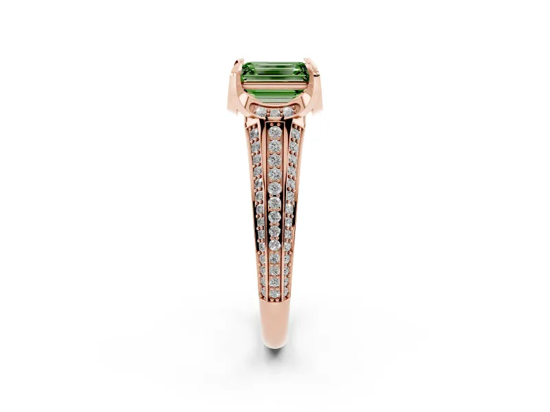Fancy Green Emerald Cut Diamond Pavé Split Shank Solitaire Ring Set in Rose gold with Prong Setting