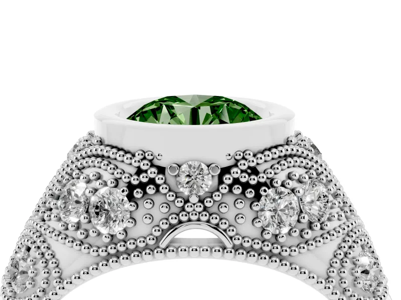 Fancy Green Round Cut Diamond Bezel Ring Set in White gold with Milgrain Accent Band