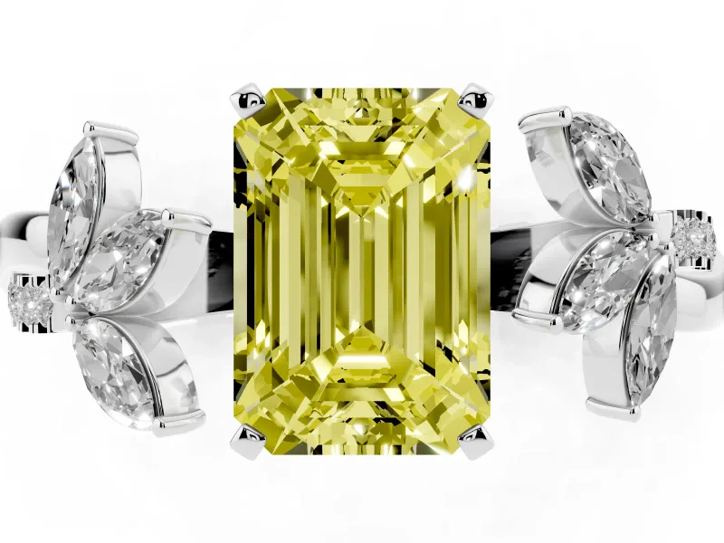 Fancy Yellow Emerald Cut Diamond Floral Vine Solitaire Engagement Ring Set in Platinum with Marquise Leaves