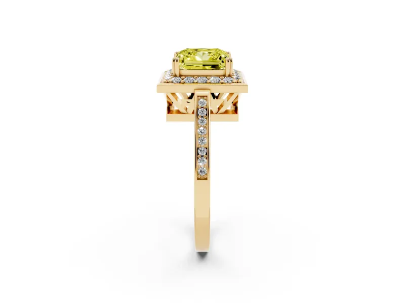 Princess Cut Halo Engagement Ring Setting for a Fancy Yellow Lab-Grown Diamond | Polished Halo Rim | Yellow Gold