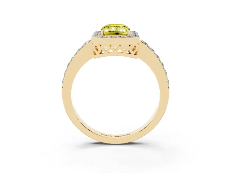 Fancy Yellow Emerald Cut Diamond Halo Ring Set in Yellow gold with Pavé-Setting Band and Open Prong Center