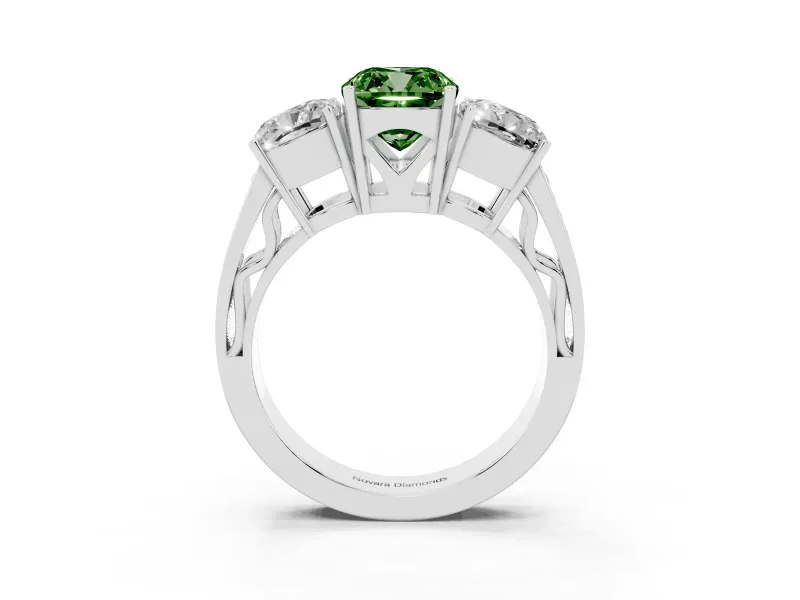 Fancy Green Cushion Cut Diamond Three-Stone Ring Set in White gold with Textured Band