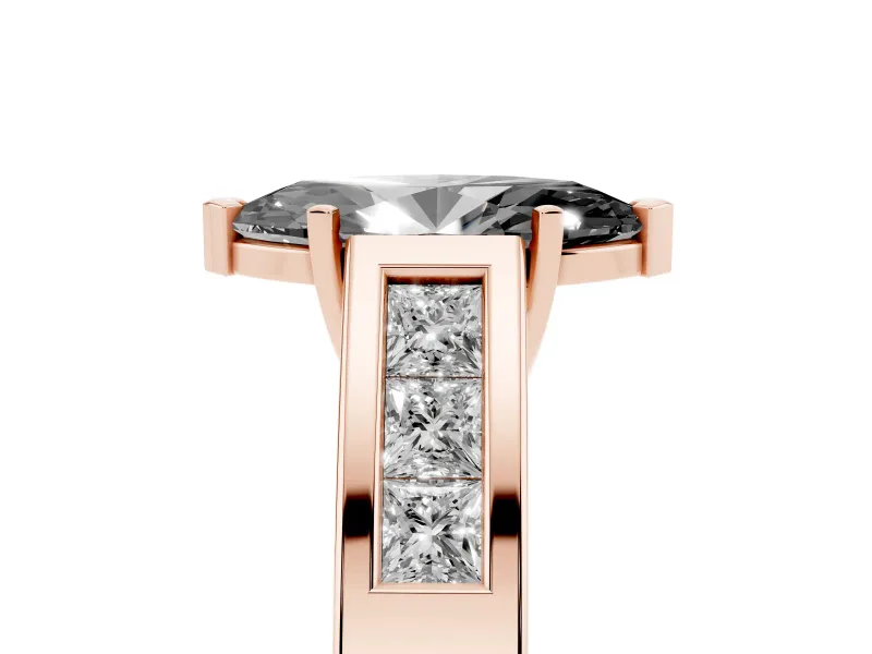 Marquise Channel-Set Engagement Ring Setting for a Black Center | Princess Side Stones | Rose Gold