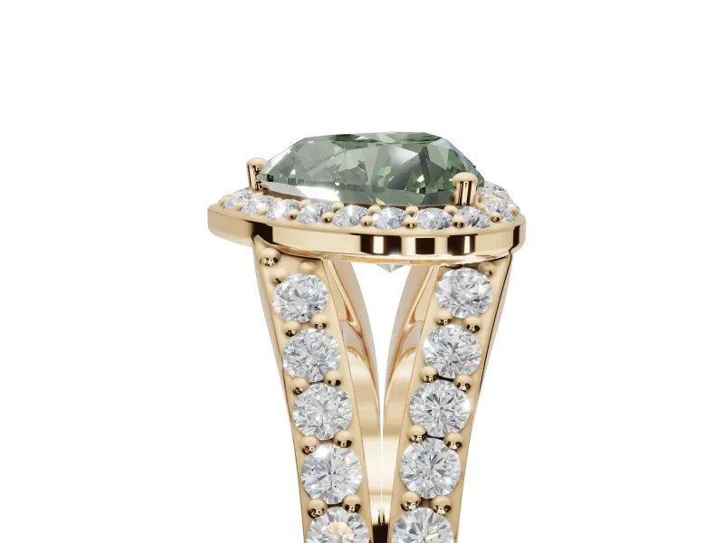 Heart-Shaped Halo Pavé Engagement Ring Setting for a Fancy Green Lab-Grown Diamond | Narrow Split Shank | Yellow Gold