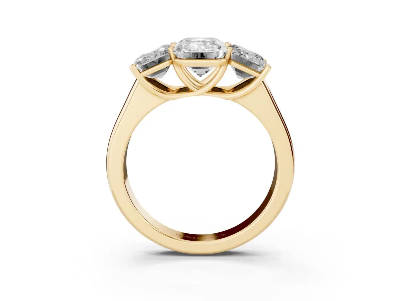 Emerald Cut Three Stone Engagement Ring Setting | Basket Prong Heads | Yellow Gold