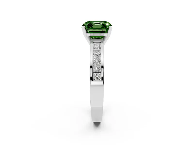 Fancy Green Asscher Cut Diamond Solitaire Ring Set in Silver with Channel-Set Band and Prong Setting