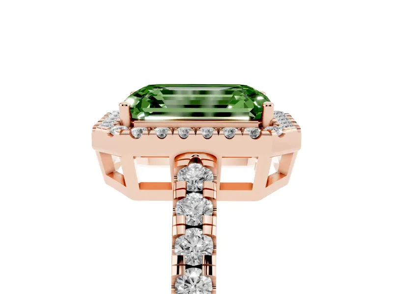 Emerald Cut Halo Engagement Ring Setting for a Fancy Green Lab-Grown Diamond | Graduated Pavé Band | Rose Gold