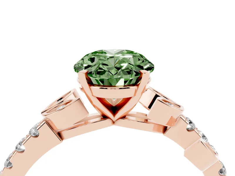 Fancy Green Oval Cut Diamond Solitaire Leaf-Inspired Ring Set in Rose gold with Pavé Band and Prong Setting