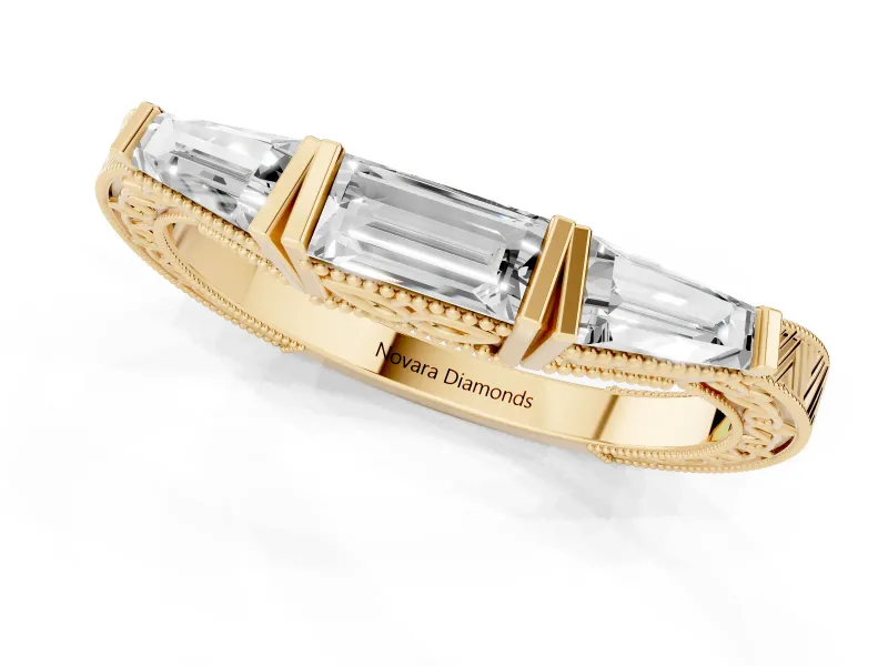 Baguette Diamond Milgrain Band Set in Yellow gold with Channel V-Prong Setting