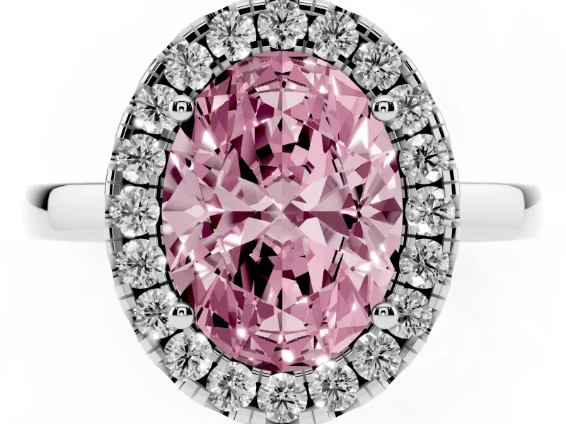 Fancy Pink Oval Cut Diamond Halo Solitaire Ring Set in White gold with Pavé Band and Prong Setting