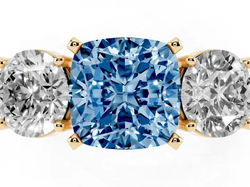 Cushion Cut Three Stone Engagement Ring Setting for a Fancy Blue Lab-Grown Diamond | Wide Plain Band | Yellow Gold