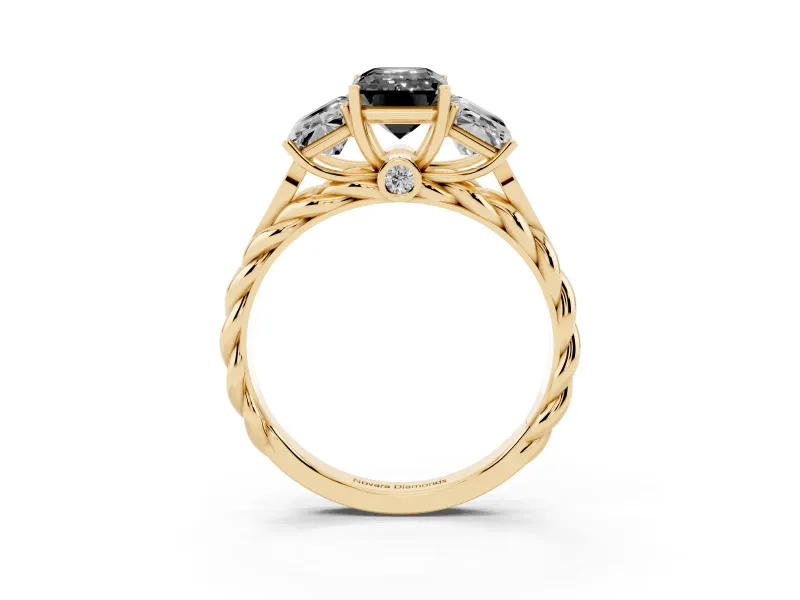 Emerald Cut Three Stone Engagement Ring Setting for a Black Center | Braided Band | Yellow Gold
