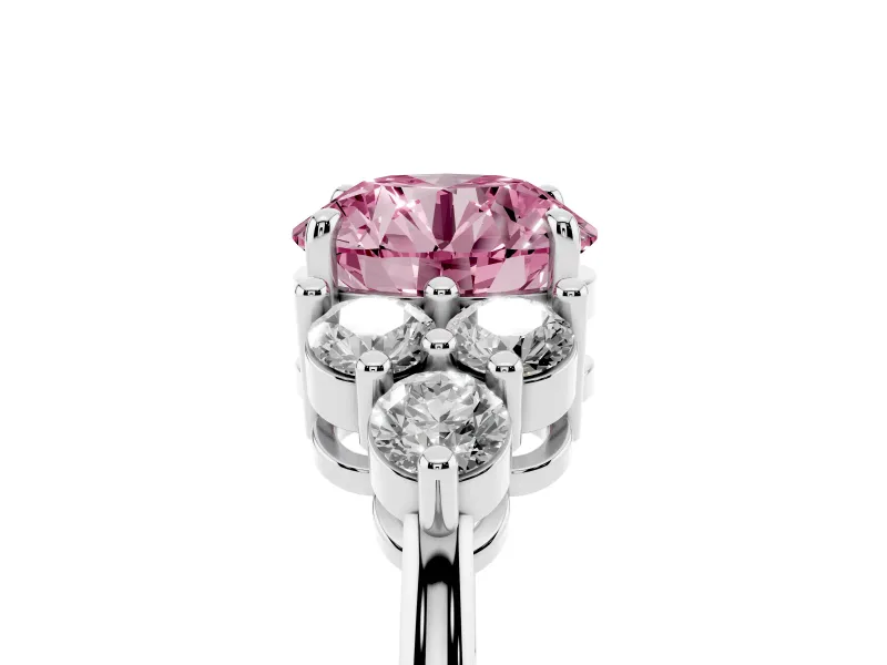Round Cluster Side Stone Engagement Ring Setting for a Fancy Pink Lab-Grown Diamond | Plain Band | Sterling Silver