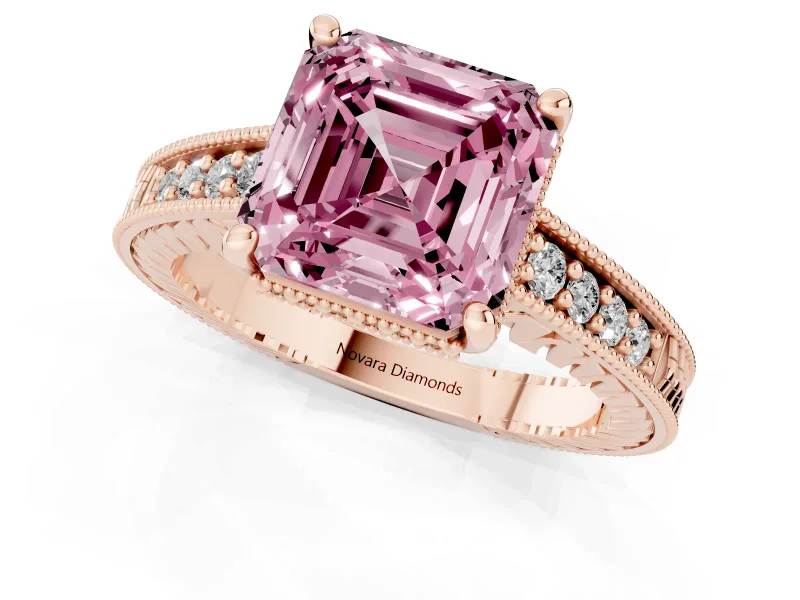 Asscher Cut Engraved Engagement Ring Setting for a Fancy Pink Lab-Grown Diamond | Rose Gold